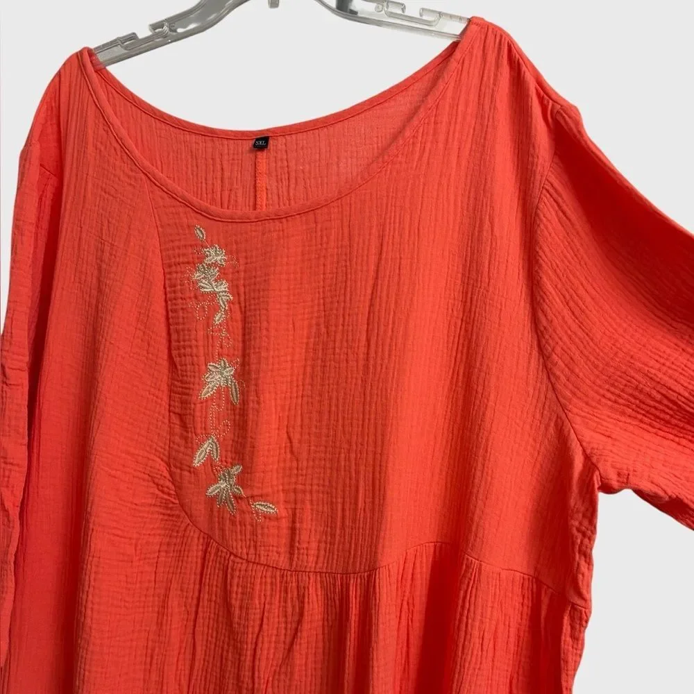 Women's Floral Embroidered Orange Gauze Midi Dress 5XL Crinkle Textured Summer